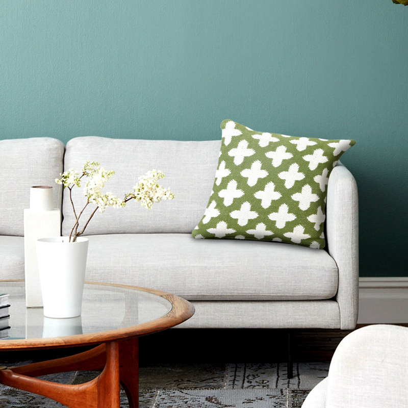 Green and White Woven Geometric Cotton Throw Pillow, 20" Square