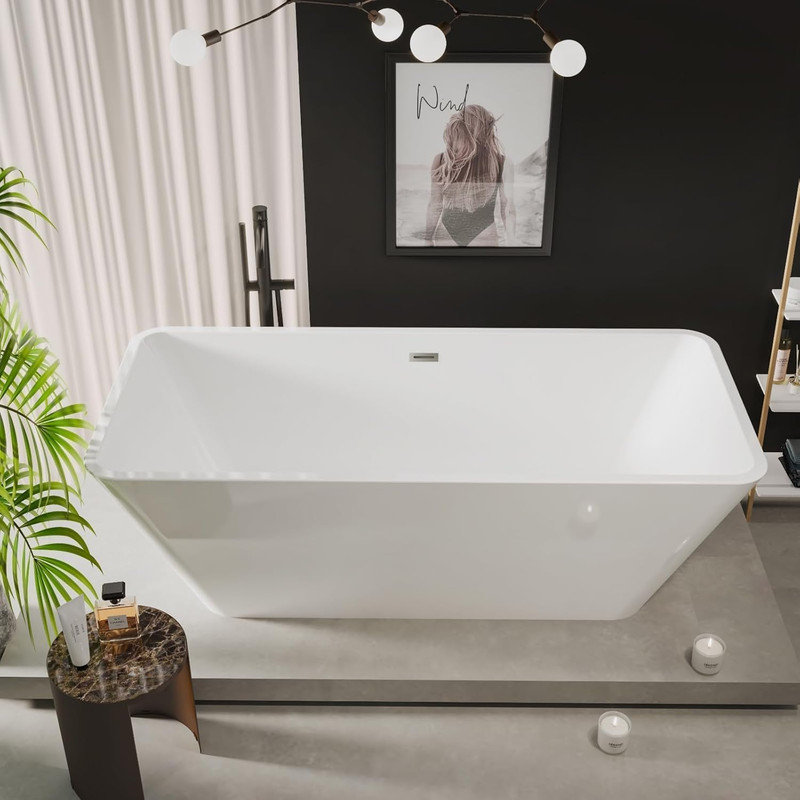 59”/66” Freestanding Acrylic Bathtub, Deep Soaking Tub with Non-Slip Surface & Drain