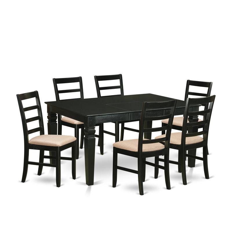 Ensemble de table de salle à manger 7 pièces composé d'une table rectangulaire en bois avec rallonge papillon et 6 chaises de cuisine en tissu de lin, noir