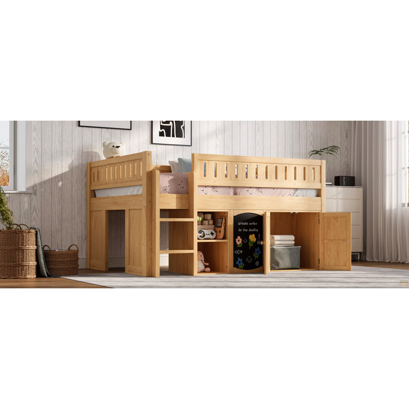 Lit mezzanine double avec armoire de rangement et tableau noir, naturel, Brown