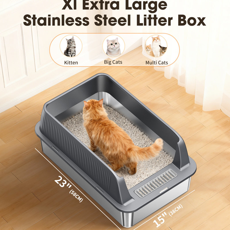 Bac à litière pour chat fabriqué en acier inoxydable et en ABS, à haut côtés pour arrêter les fuites, crochet inclus, odeur, lavable, profondeur de 23,32 po, largeur de 14,18 po, hauteur de 10,15 po, 3,32 lb avec design, pour le rangement