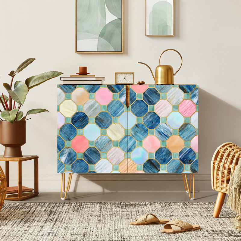 Buffet, armoire de rangement de cuisine avec 2 portes, motifs de carreaux multicolores bleu et rose, console pour salle à manger L 35 po x l 18 po x H 29 po