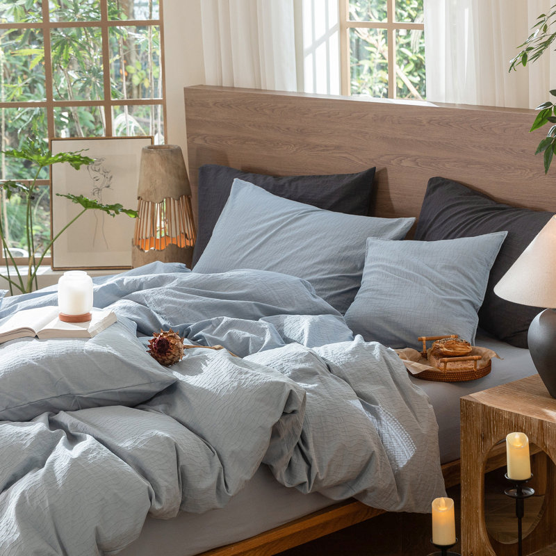 Wavy Stripe Duvet Cover Set 100% Washed Cotton Linen Like Textured Breathable Durable Soft Comfy, Cornflower Blue