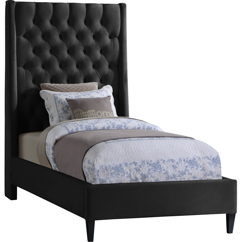 Dymph Upholstered Wingback Bed, Black Velvet, Twin