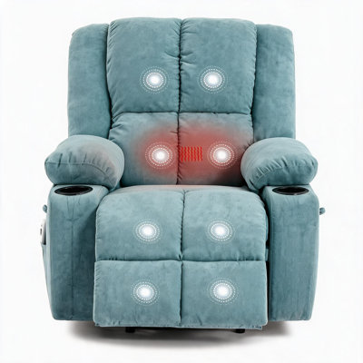 Fauteuil inclinable manuel chauffant et massant pour adultes, canapé une place inclinable à 155° avec repose-pieds et levier de traction - Appui-tête et dossier rembourrés, revêtement en lin, poches latérales - Chauffage massant, toile de jute, bleu pâle