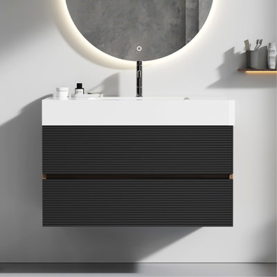 Grace Bathroom Vanity With Glossy White Solid Surface Sink And Soft Black Drawers, Wall Mounted Floating Bathroom Vanity For Modern Bathroom, One-Piece Basin, KD
