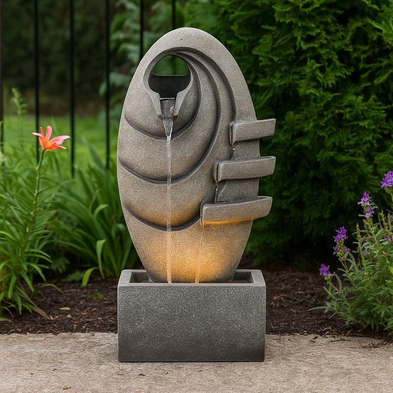 Modern Oval Outdoor Water Fountain with LED Lighting, Adjustable Flow, and Weather-Resistant Polyresin Design