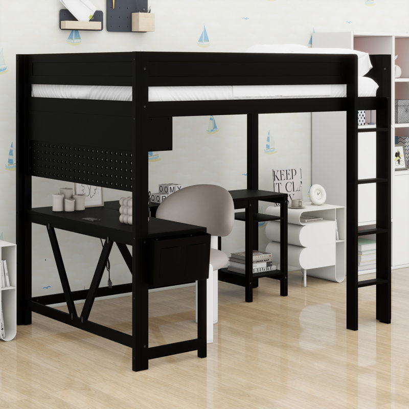 Structure de lit mezzanine en bois robuste, bureau, tablette de rangement, DEL et station de charge, Noir