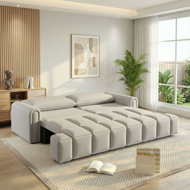 90"King Size 3-in-1 Convertible Sleeper Sofa Bed with Storage Chaise, Teddy Fabric, Gray