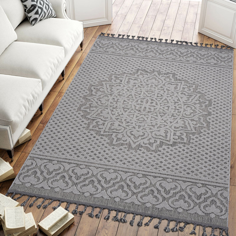 Stylish And Stain Resistant Area Rug For Home & Kitchen Decor, 22703A-Gray/White, Rectangle 6'7" x 9' 