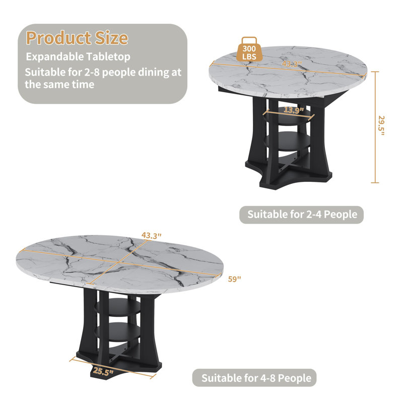 Table de salle à manger extensible avec rangement, table de cuisine extensible de 43,3 à 59 pouces pour 2 à 8 personnes, table à abattants peu encombrante avec base en métal robuste et panneau de fibres à densité moyenne épaissie pour la salle à manger, marbre