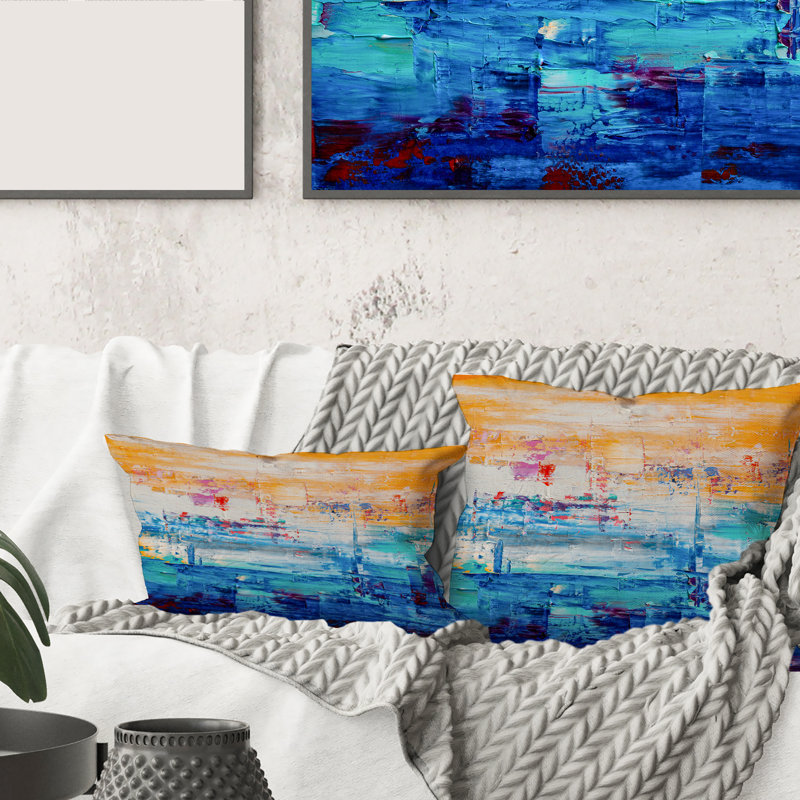 Orange et bleu abstrait - coussin moderne imprimé, 16" x 16"