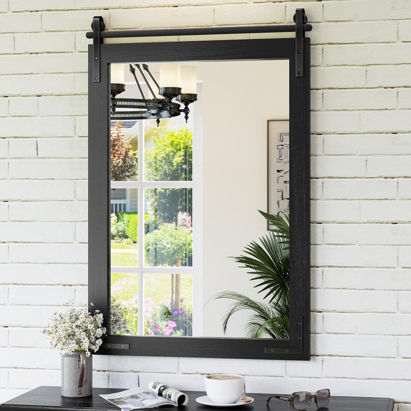 Brown Solid Wood Rectangular Farmhouse Mirror with Metal Accents