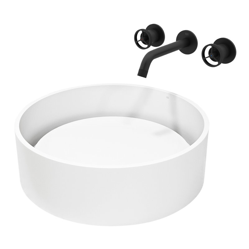 Anvil 16" L x 16" W x 5" H Round White Matte Stone™ Vessel Bathroom Sink with 3" H Faucet