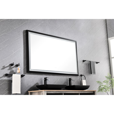 60x48 Inch Bathroom Mirror With Led , Aluminum Frame, Fog, Memory Function, 3 Colors, Stepless Dimming, Matte Black Color Settings, Dimmable, Aluminium Appearance