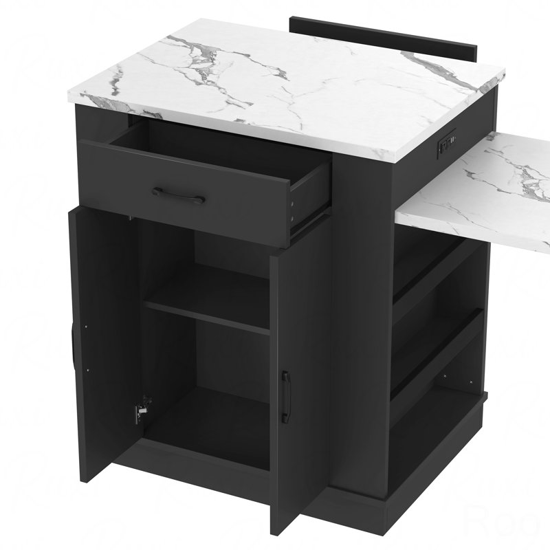 Console d'îlot extensible, avec tiroirs, armoire à deux portes et tablettes ouvertes, sert de table de salle à manger, de bar à déjeuner temporaire et de salon de thé l'après-midi