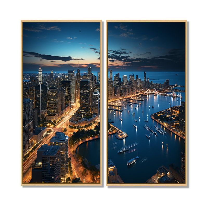 Chicago, beau paysage urbain I - ensemble d'art mural industriel de 2, H 40 po x l 40 po, Crème, crème