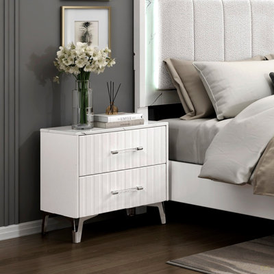 Glam table de chevet de 2 tiroirs de rangement en faux marbre stratifié avec pieds en métal chromés et meubles de chambre à coucher 1 pièce
