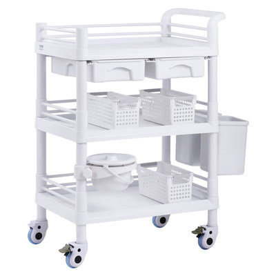 Chariots de laboratoire à 3 niveaux, chariot utilitaire de laboratoire avec 3 plateaux et 4 roues silencieuses, chariot médical mobile avec matériau PP, chariot roulant de laboratoire avec 3 poubelles pour laboratoire, clinique, hôpital, salon, blanc
