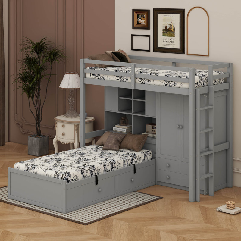 Twin Bunk Bed With Drawers, Wardrobe, Storage Shelves And Hydraulic, Gray