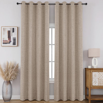 100% Blackout Window Curtains 84 Inches Long 2 Panels Set, Faux Linen Look Thermal Insulated Grommet Drapes, Room Darkening Curtain For Bedroom Living Room(W52 X L84 Inch, Light Khaki)