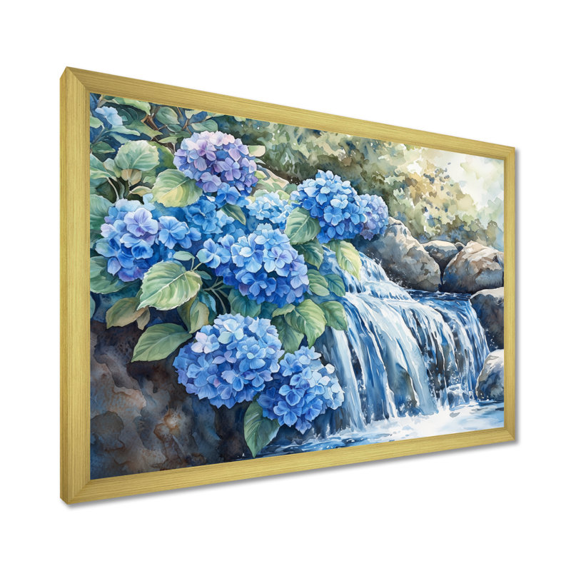 «Ilyena Hydrangeas By The Waterfall II», art mural hortensias, Reproduction encadrée d'une seule photo, H 12 po x l 20 po