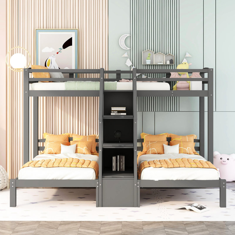 Lit simple au-dessus et superposé gris avec escalier et support - crée un espace de rangement pratique