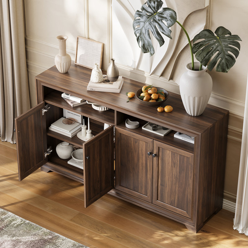 Buffet 60 po avec rangement, 4 portes, armoire moderne avec 2 grandes armoires et tablettes réglables pour la salle à manger, la cuisine et le vestibule