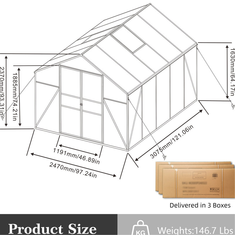 8x10 Ft Polycarbonate Greenhouse For Outdoor Pleasure - Heavy Duty Aluminum Frame, All Season Use, Block, Spacious, Easy To Assemble, Planned Drainage System Walk-in Backyard Sheets, Blocking,