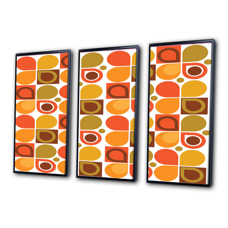 Motif géométrique abstrait rétro VI - reproduction de cadre photo sur toile 3 pièces, Cadre noir, H 28 po x l 36 po x P 1 po