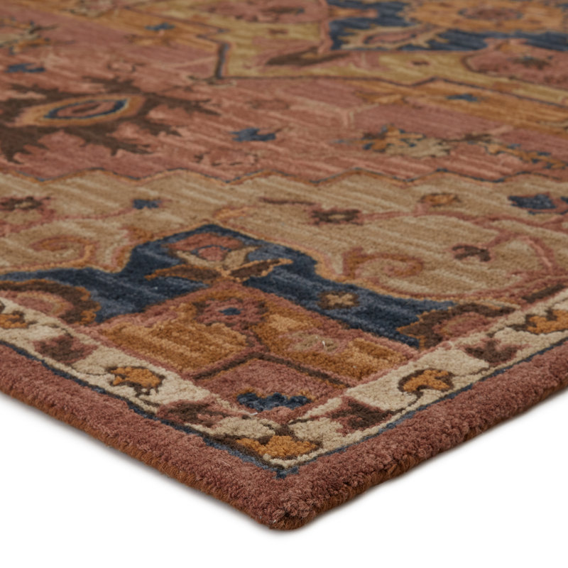 Tapis oriental bleu foncé / brun / rose en laine touffeté à la main Murphie, Rectangle de 5 pi x 8 pi