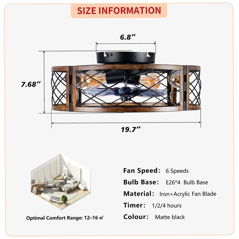 Ventilateur de plafond encastré en cage à courant continu 20 pouces avec moteur à courant continu 20 pouces avec lumière, noir mat