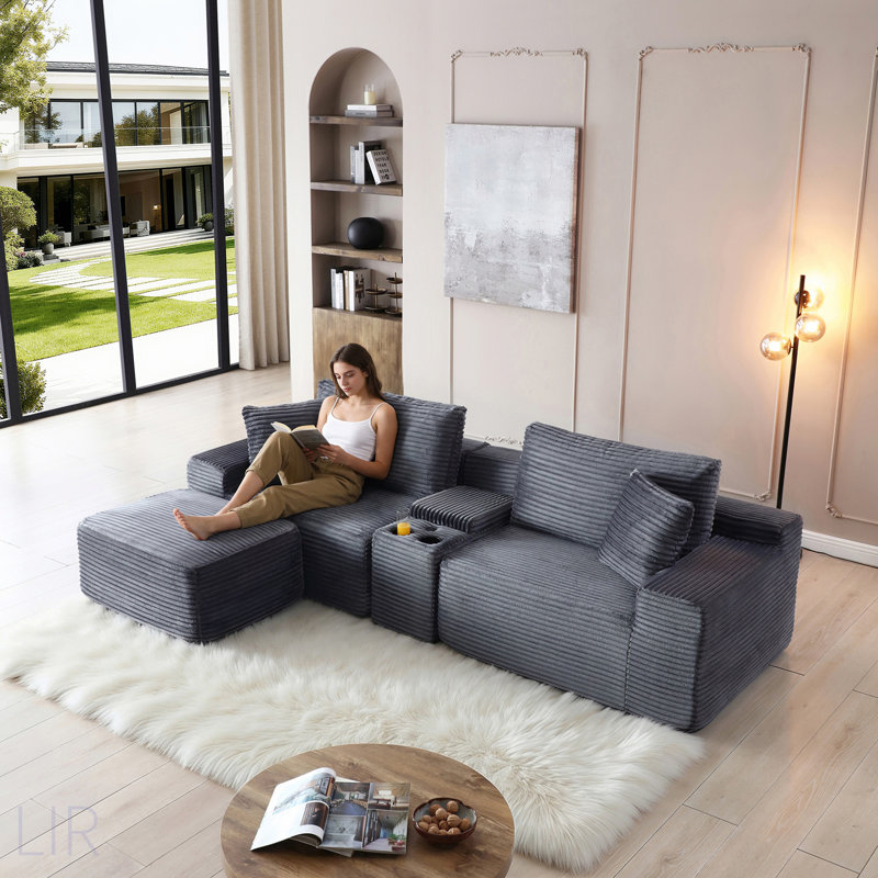 Canapé modulaire modulaire avec assise profonde, tissu en velours côtelé, porte-gobelets, ports USB, boîte de rangement et repose-pieds mobile pour le salon, aucun assemblage requis