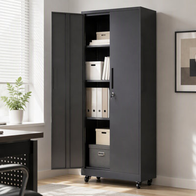 Heavy-duty metal garage locker with lockable wheels; four adjustable shelves, each with a 180 lb load capacity, suitable for tool storage in various s