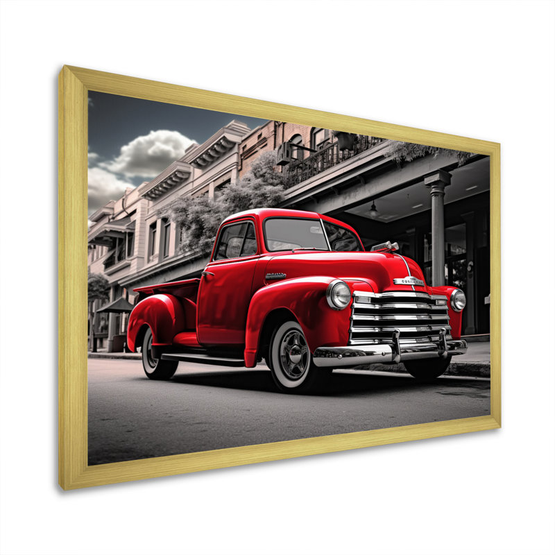 Red Pickup Truck Road Legends II - Transportation Wall Decor, Cadre doré à une seule photo, H 30 po x l 40 po x P 1,5 po