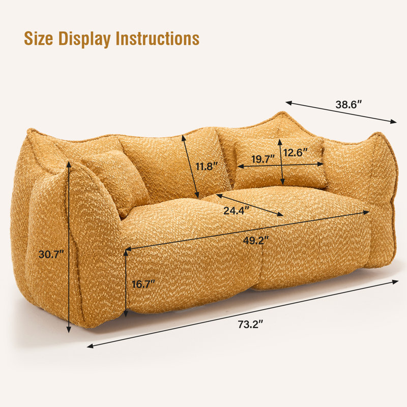 Compressed Sofa, Two-Seat Bean Bag Sofa With Pillows And Armrests For Bedroom Living Room, Yellow Fabric