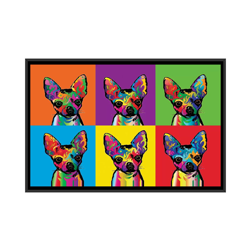 Chihuahua arc-en-ciel, impression sur toile tendue, H 32 po x l 48 po x P 1,5 po, Toile avec cadre noir, Pas de tapis