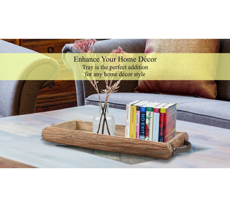 Rustic 21'' Wooden Bark Serving Tray with Metal Handles