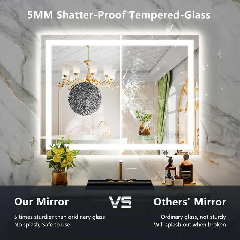 Akilan Frameless LED Vanity Mirror with Front-lit and Back-lit, Memory Function, 3 Color Temperatures & Dimmable Light, Anti-fog Tempered Glass ETL Mirror
