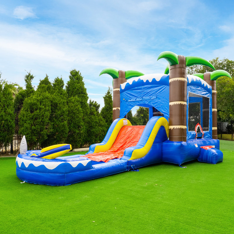 HeroKiddo Ocean Shark Inflatable Water Slide Bounce House Combo (with Pool and Blower)