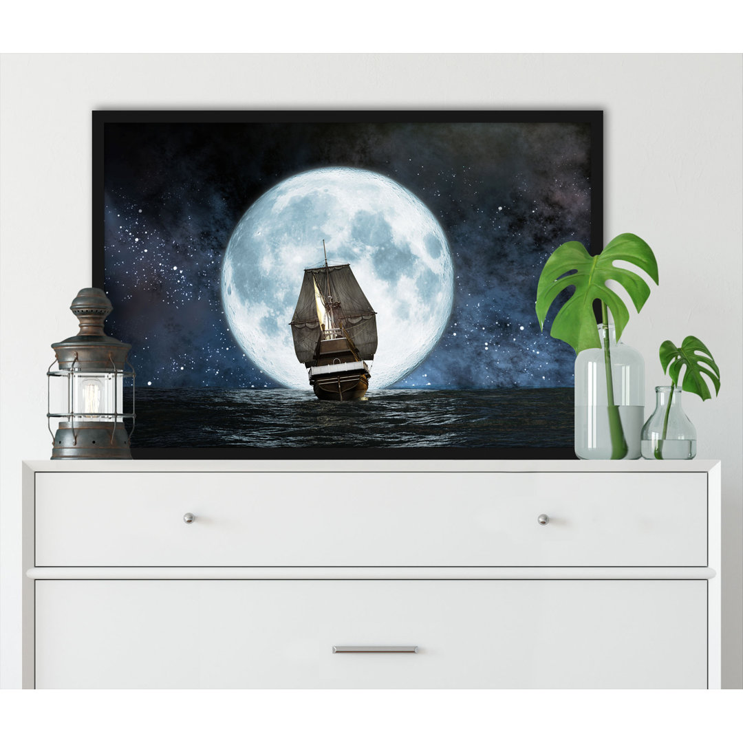 Gerahmtes Poster Segelschiff bei Vollmond