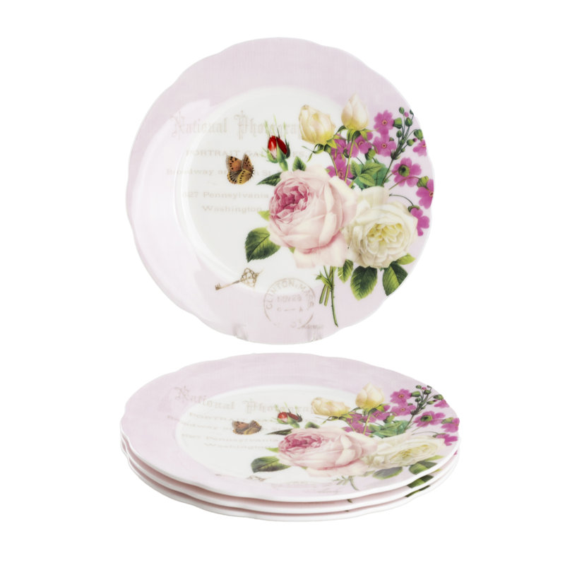 Bone China Rose butterfly Garden 7.5-inch Salad/Dessert Plates, Set of 4