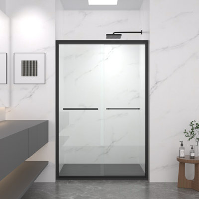 44-48X72 Inch Adjustable Aluminum Frame Sliding Shower Door With Clear Tempered Glass And Black Hardware, Shower Door