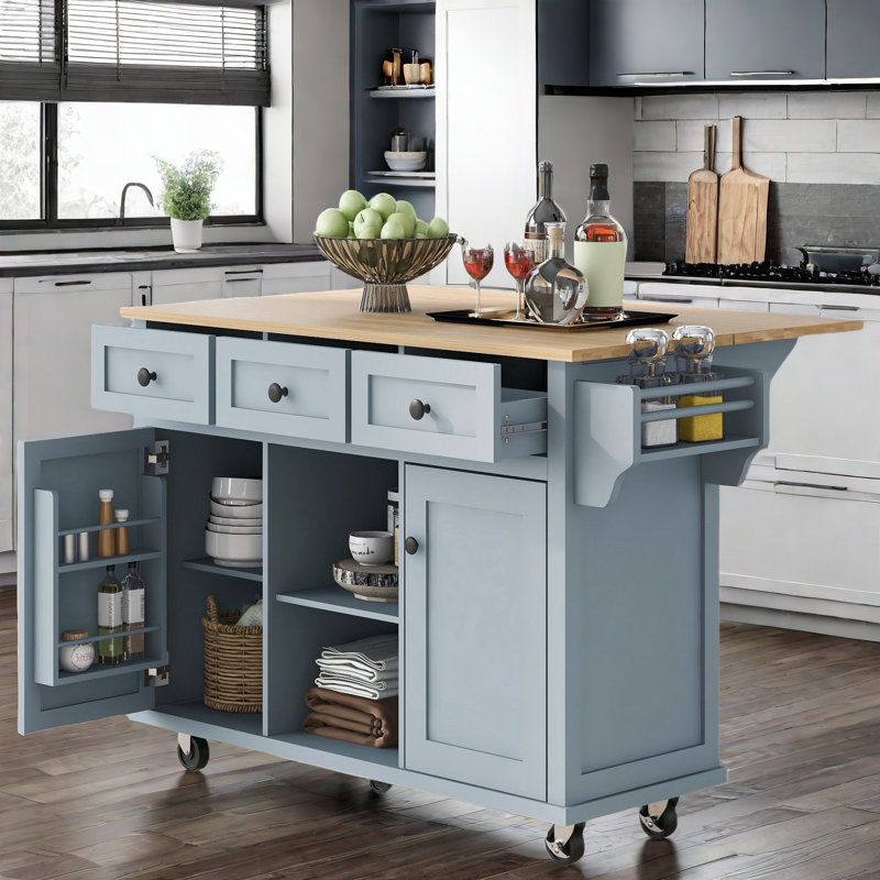 Kitchen Island With Drop-leaf Countertop, 5 Wheels, Storage Cabinet, Open Shelves And 3 Drawers, Blue