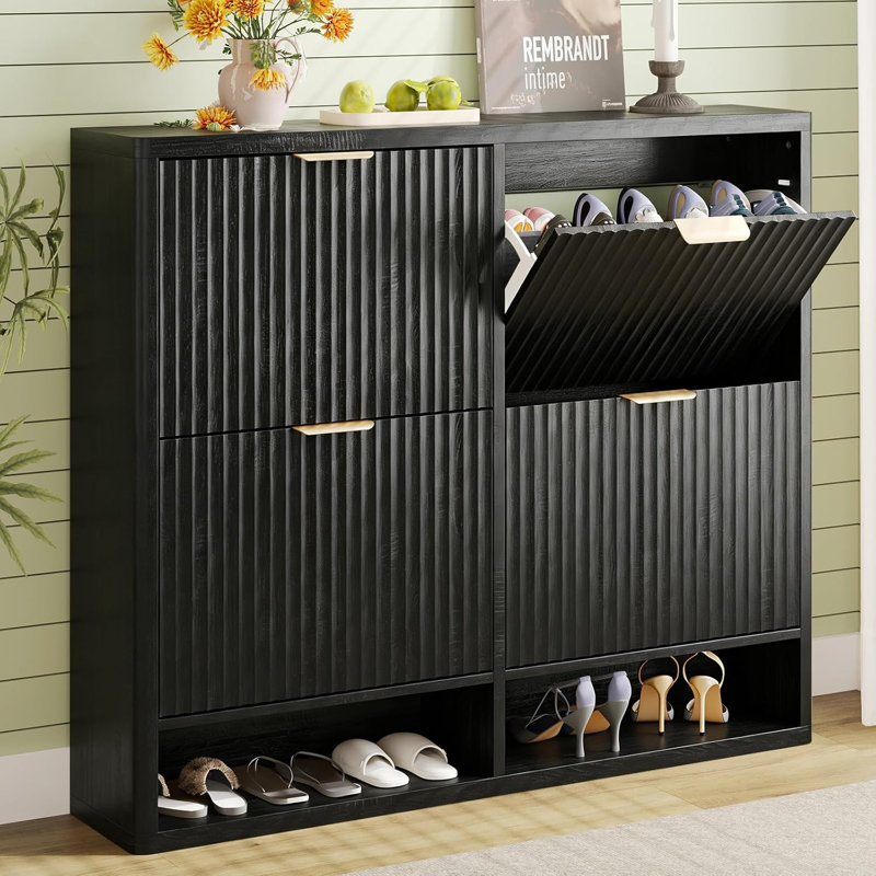 Fluted Shoe Storage Cabinet For Entryway With 4 Flip Drawers,Wooden Enclosed Thin Todorka With Metal Handles And Anti Tipping Devicesuitable For Living Rooms,Entrances