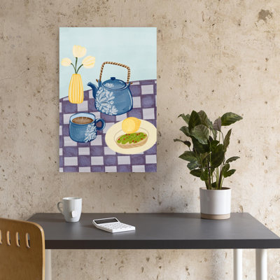 Art mural fleuri bleu, théière bleue