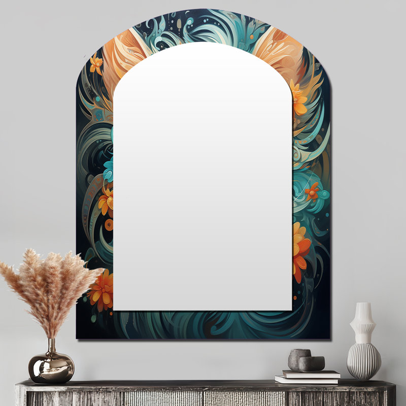 Miroir mural asymétrique «Magical Amber» et sarcelle avec fleurs I - Cat, 43 po x 33 po