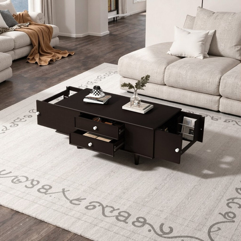 Modern Rectangle Coffee Table with Four Drawers, Two Side Hidden Storage Compartments, 47.2" Wood Coffee Table with Metal Handles and Four Solid Wood Legs for Living Room