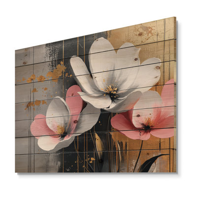 Golden Pink Wildflowers Pure Form - Peonies Wood Wall Decor - On Natural Pine Wood