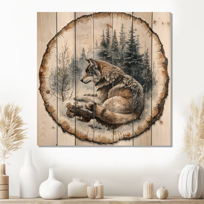 Wolf In Winter Forest Lake Landscape V - Wolf Animal Wood Wall Art - On Natural Pine Wood